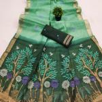 Glamorous Sea Green Pure Munga Cotton Silk Saree With Epiphany Blouse Piece