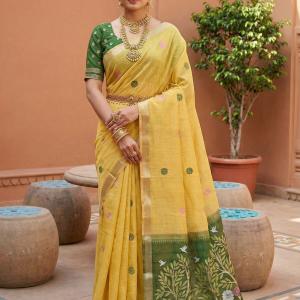 Scintillating Yellow Pure Munga Cotton Silk Saree With Luminous Blouse Piece