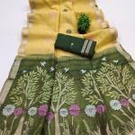 Scintillating Yellow Pure Munga Cotton Silk Saree With Luminous Blouse Piece