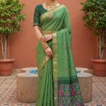 Prettiest Green Pure Munga Cotton Silk Saree With Verdant Blouse Piece