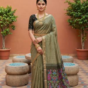 Inimitable Mehndi Pure Munga Cotton Silk Saree With Sonorous Blouse Piece