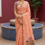 Divine Peach Pure Munga Cotton Silk Saree With Innovative Blouse Piece