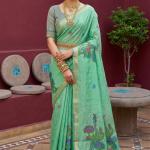 Pleasant Sea Green Pure Munga Cotton Silk Saree With Tantalizing Blouse Piece