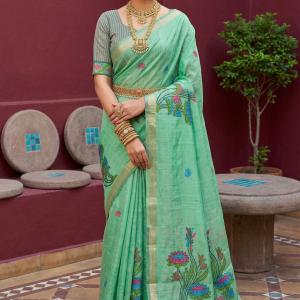 Pleasant Sea Green Pure Munga Cotton Silk Saree With Tantalizing Blouse Piece