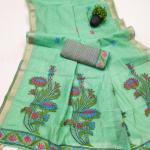 Pleasant Sea Green Pure Munga Cotton Silk Saree With Tantalizing Blouse Piece