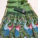 Eclat Green Pure Munga Cotton Silk Saree With Beautiful Blouse Piece