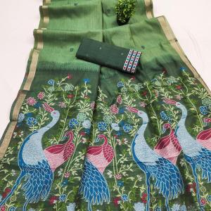 Eclat Green Pure Munga Cotton Silk Saree With Beautiful Blouse Piece