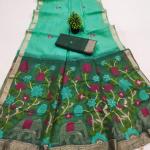 Winsome Turquoise Pure Munga Cotton Silk Saree With Vivacious Blouse Piece