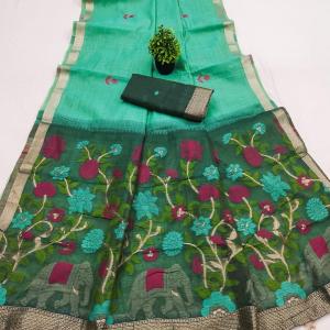 Winsome Turquoise Pure Munga Cotton Silk Saree With Vivacious Blouse Piece