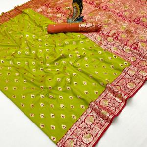 Lassitude Mehndi Soft Banarasi Silk Saree With Inimitable Blouse Piece