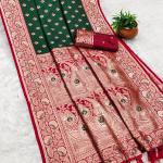 Opulent Dark Green Soft Banarasi Silk Saree With Assemblage Blouse Piece
