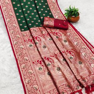 Opulent Dark Green Soft Banarasi Silk Saree With Assemblage Blouse Piece