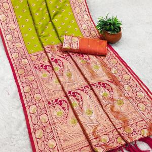 Designer Parrot Soft Banarasi Silk Saree With Radiant Blouse Piece