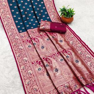 Scrumptious Rama Soft Banarasi Silk Saree With Glamorous Blouse Piece