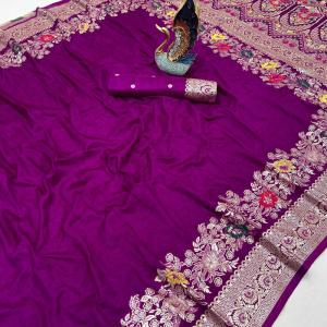 Enigmatic Purple Soft Banarasi Silk Saree With Embrocation Blouse Piece