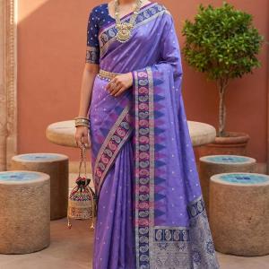 Ideal Lavender Pure Zari Weaving Banarasi Silk Saree With Desuetude Blouse Piece