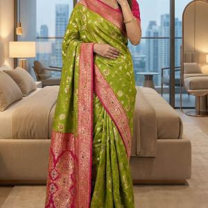 Imbrication Mehndi Pure Zari Weaving Banarasi Silk Saree With Sophisticated Blouse Piece