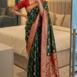Entrancing Rama Pure Zari Weaving Banarasi Silk Saree With Girlish Blouse Piece