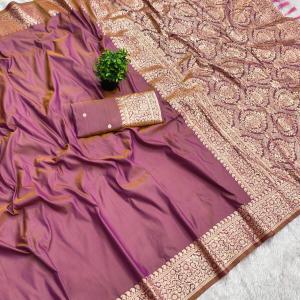 Designer Lavender Pure Banarasi Silk Saree With Imbrication Blouse Piece