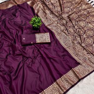 Splendorous Wine Pure Banarasi Silk Saree With Desultory Blouse Piece