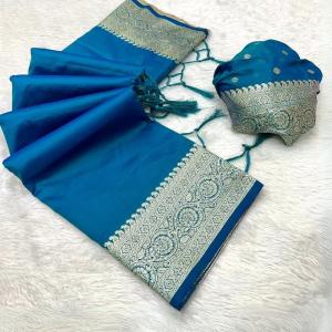 Intricate Firozi Soft Banarasi Silk Saree With Gorgeous Blouse Piece