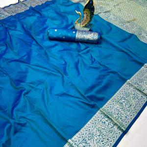 Opulent Firozi Soft Banarasi Silk Saree With Tantalizing Blouse Piece
