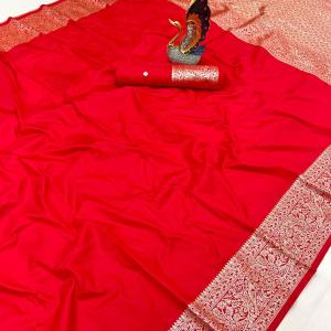 Vibrant Red Soft Banarasi Silk Saree With Mesmeric Blouse Piece