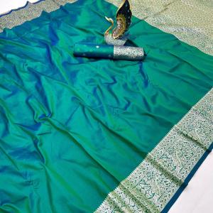 Ravishing Sea Green Soft Banarasi Silk Saree With Designer Blouse Piece