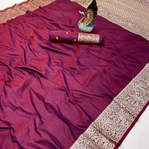 Prettiest Wine Soft Banarasi Silk Saree With Unequalled Blouse Piece