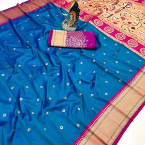 Scrumptious Firozi Paithani Silk Saree With Super classy Blouse Piece