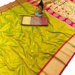 Elision Mehndi Paithani Silk Saree With Embellished Blouse Piece