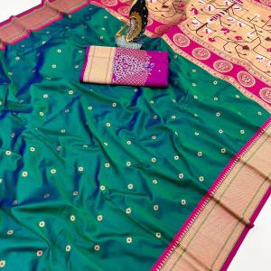 Resplendent Rama Paithani Silk Saree With Lissome Blouse Piece