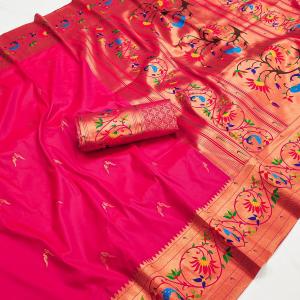 Moiety Dark Pink Paithani Silk Saree With Embrocation Blouse Piece