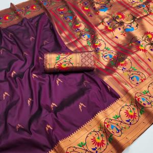 Smart Wine Paithani Silk Saree With Captivating Blouse Piece