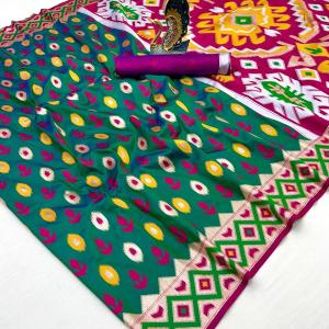 Trendy Green Soft Banarasi Ikkat Saree With Adorning Blouse Piece
