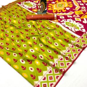 Designer Parrot Soft Banarasi Ikkat Saree With Tantalizing Blouse Piece
