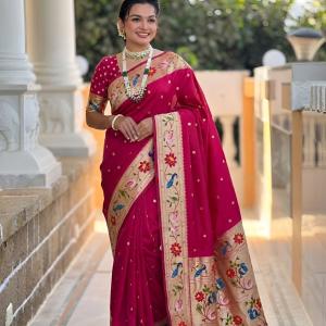 Flattering Dark Pink Paithani Silk Saree With Embrocation Blouse Piece