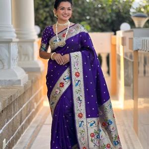 Whimsical Royal Blue Paithani Silk Saree With Enthralling Blouse Piece
