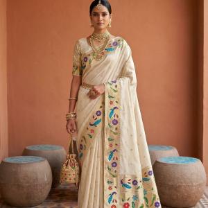 Refreshing Beige Paithani Silk Saree With Exuberant Blouse Piece