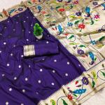 Pulsating Navy Blue Paithani Silk Saree With Efflorescence Blouse Piece