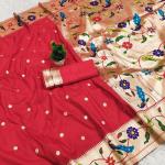 Transcendent Red Paithani Silk Saree With Beautiful Blouse Piece