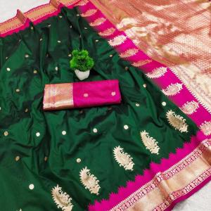 Vivacious Dark Green Pure Zari Weaving Banarasi Silk Saree With Posh Blouse Piece