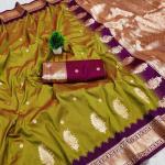 Staring Mustard Pure Zari Weaving Banarasi Silk Saree With Lustrous Blouse Piece