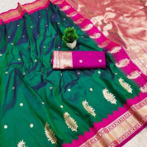 Hypnotic Rama Pure Zari Weaving Banarasi Silk Saree With Adorable Blouse Piece