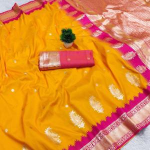 Opulent Yellow Pure Zari Weaving Banarasi Silk Saree With Snazzy Blouse Piece