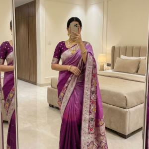 Lagniappe Purple Viscose Dola Silk Saree With Improbable Blouse Piece