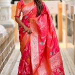 Flameboyant Pink Pure Zari Weaving Banarasi Silk Saree With Blissful Blouse Piece