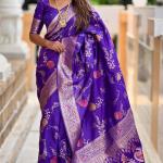 Panache Royal Purple Pure Zari Weaving Banarasi Silk Saree With Fancifull Blouse Piece