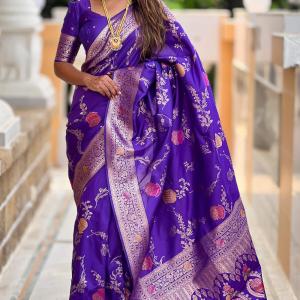 Panache Royal Purple Pure Zari Weaving Banarasi Silk Saree With Fancifull Blouse Piece