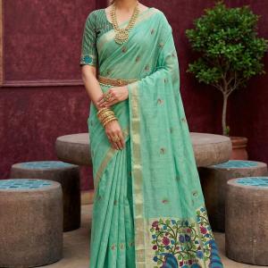 Staring Turquoise Pure Munga Cotton Silk Saree With Precious Blouse Piece